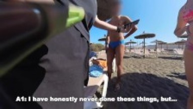 NUDIST BEACH WHORE exhibitionist amateur girl blowjobs stranger sorrounded by old voyeur men